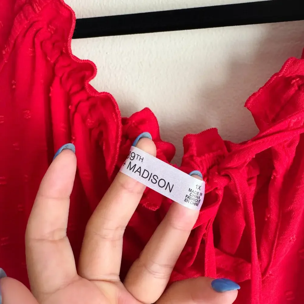 89th & Madison Red Swiss Dot Tie Neck Blouse - 1X - NWT